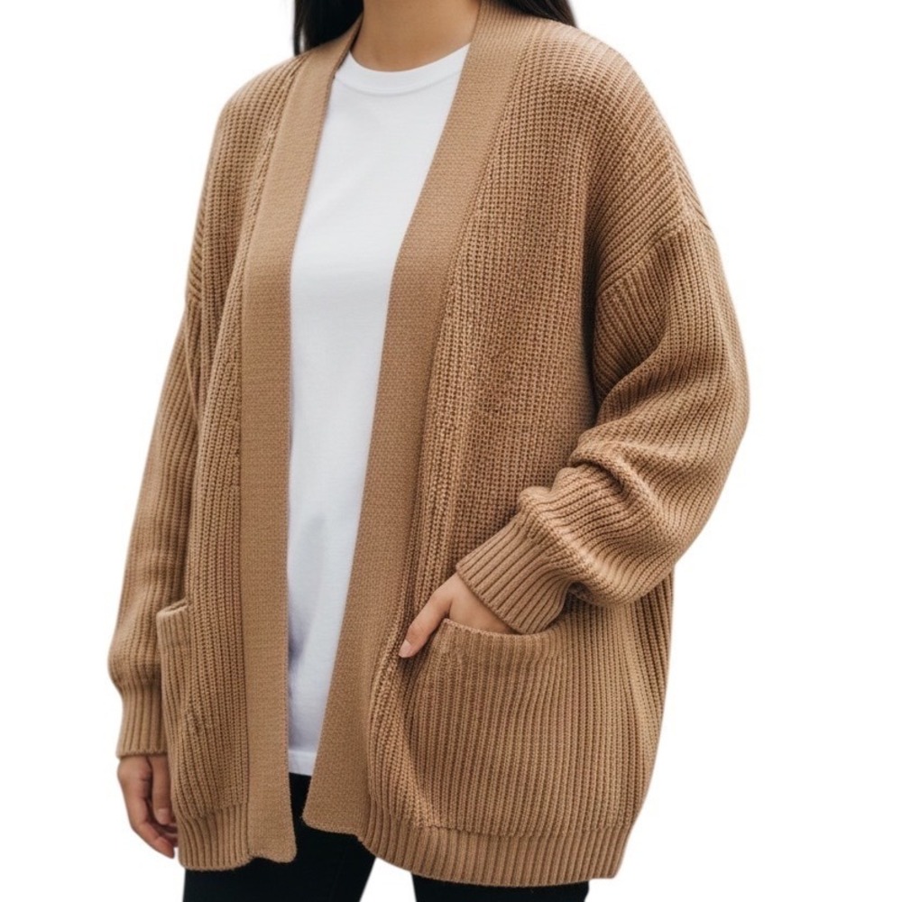 QUINCE 100% Organic Cotton‎ Oversized Ribbed Camel Brown Cardigan XS